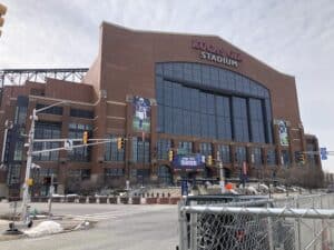 Capitol Avenue across from Lucas Oil Stadium in Indianapolis, IN, where a pedestrian named Kim was hurt in an Indianapolis car accident