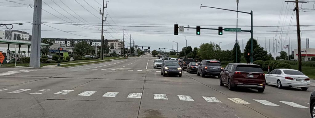 Intersection of 116th St. and Cumberland Rd. near I-69 in Fishers, IN, where a crash inflicting TBI may require help from a Fishers car accident lawyer