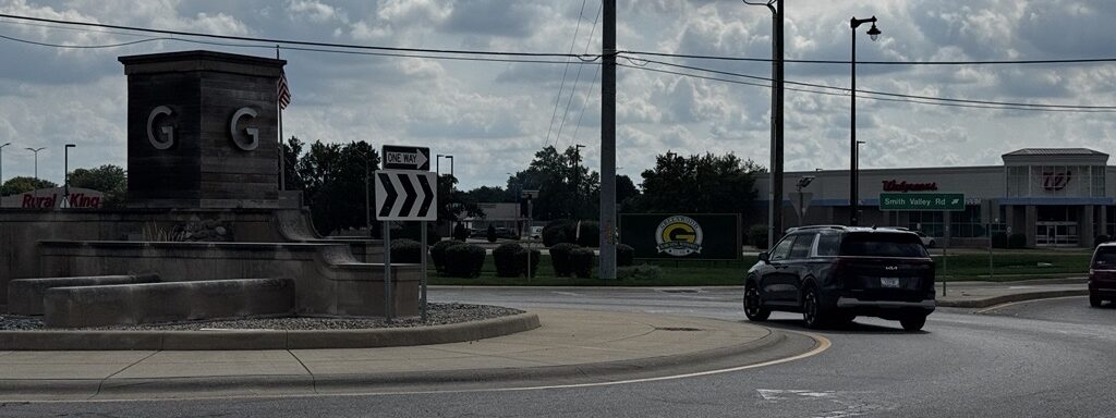 Roundabout at Smith Valley Road and Madison Avenue in Greenwood, IN, where a serious Smith Valley Road accident is likely to take place