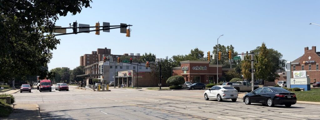 Intersection of Meridian St. and 38th St. in Indianapolis, IN, where rear-end accidents requiring help from skilled Indianapolis car accident lawyers often take place